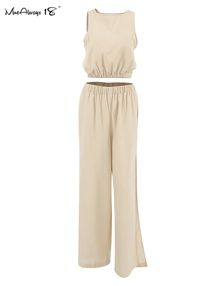 Mnealways18 Cotton Linen Khaki Pants Sets Vacation Summer Sleeveless Tops And Split Pant Suits 2024 Two Pieces Office Ladies Set