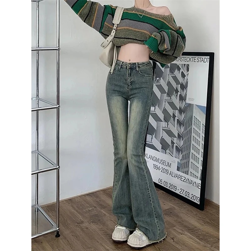 

Zoki Y2K Vintage High Waist Jeans Women Slim Flare Tassel Denim Pants Female Korean Fashion Streetwear Casual Wide Leg Trousers