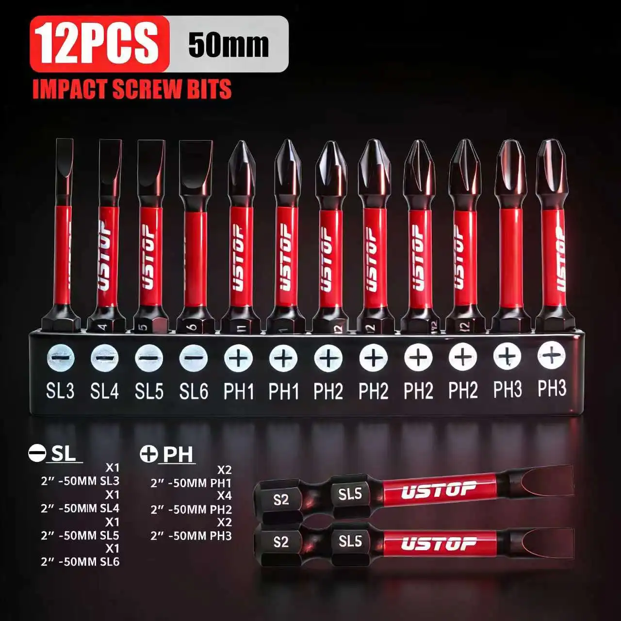 Ustop, 12-teiliges Set SL- und PH-Schlagschrauberbits, 50 mm, magnetische Bits, S2-Stahlmaterial, universeller 1/4-Zoll-Sechskantschaft, kompatibel