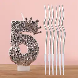 Elegant Black and Silver Glitter Number Birthday Candle Cake Topper with Spiral Accent Candles (Cream)
