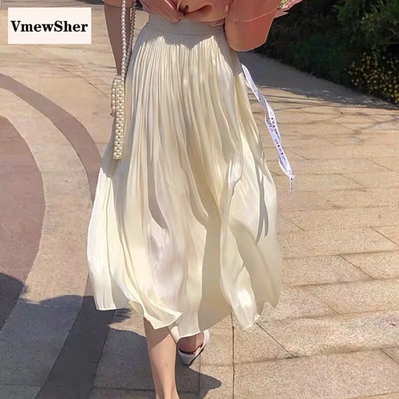 

VmewSher New Spring Summer Women Shine Mid-calf Long Skirt Korean Ladies Elastic Casual High Waist Skirts Bling Pleated Shiny