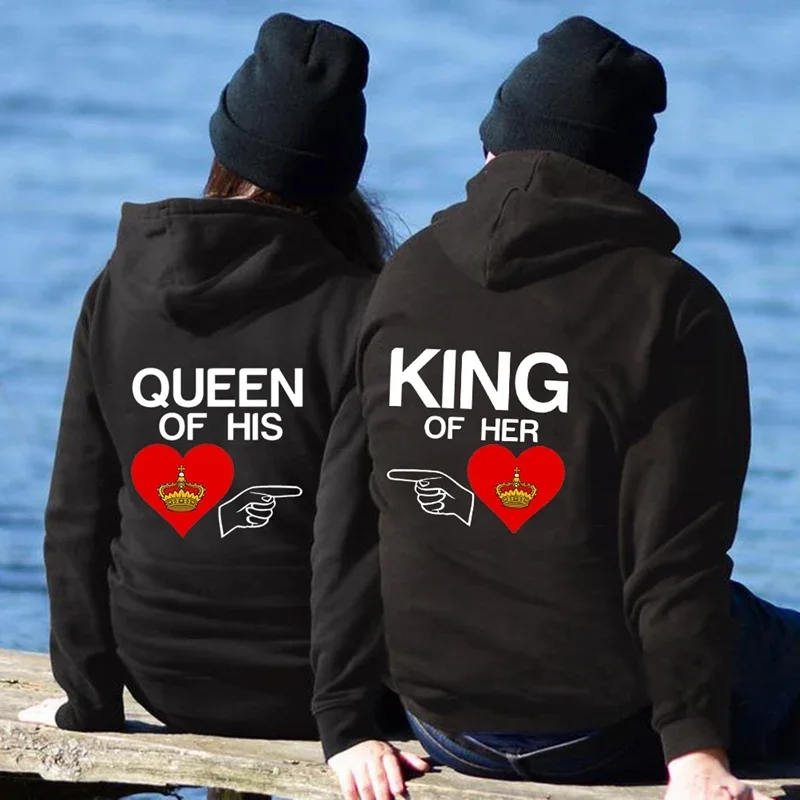 

Толстовки с капюшоном для влюбленных пар, свитшот с надписью QUEEN OF HIS HEART, KING OF HER HEART, для женщин и мужчин, одежда для пар, уличная одежда
