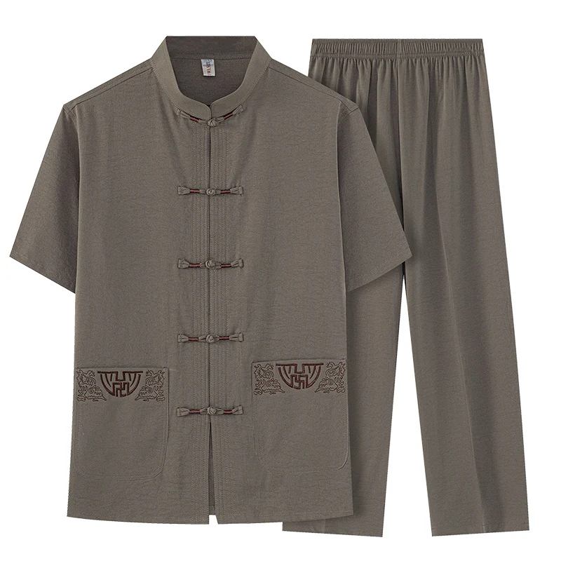 Cotton and Linen (Top + Pants) Elderly Men Gold Silk Pan Buckle Pocket Embroidered Tang Dress Han Dress Lay Tai Chi Suit Set