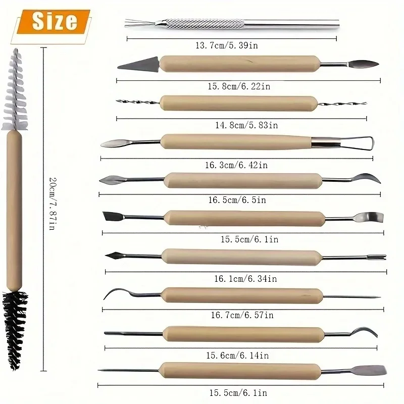 11pcs Pottery Clay Sculpting Modeling Tool Set Double-Sided Ceramic Polymer Clay Carving Smooth Wooden Handle