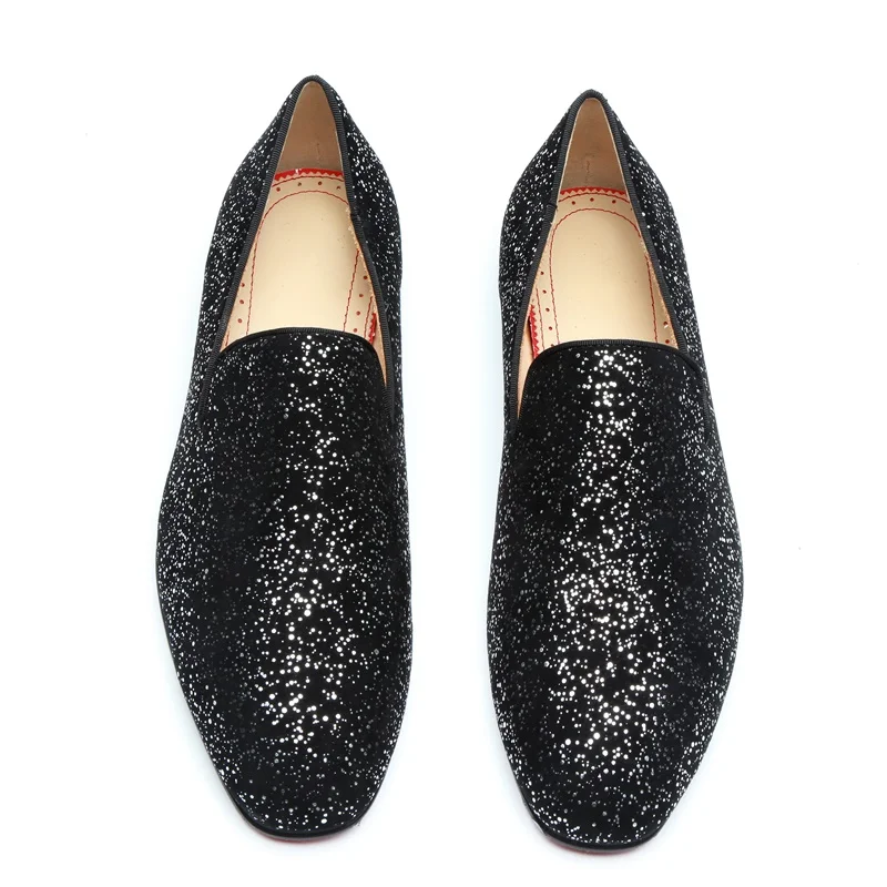 

New Fashion Black Loafers Men Sequin Shoes Luxury Handmade Glitter Mens Shoes Slip On Flats Dress Shoes