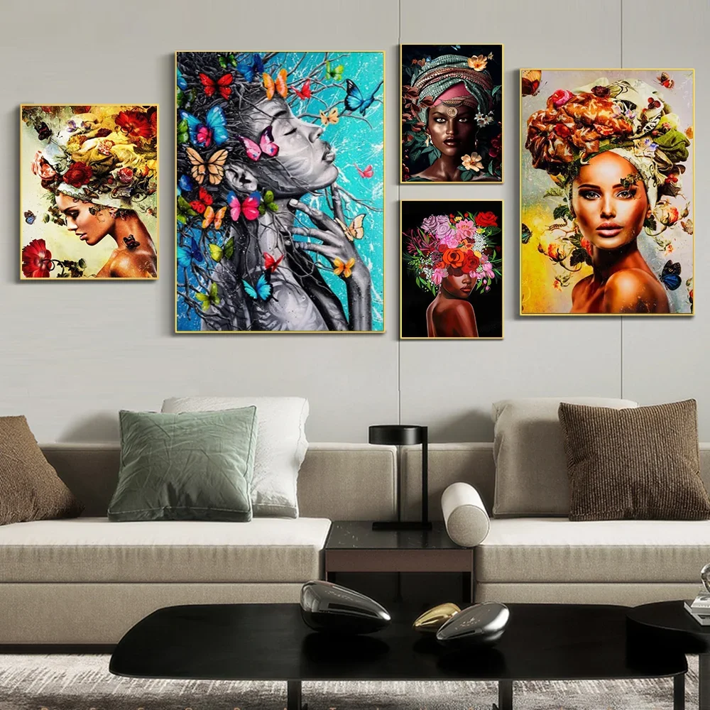 

Modern Graffiti Poster Wall Art African Women Flowers Butterfly Canvas Painting Abstract Girls Posters Living Room Decor Picture