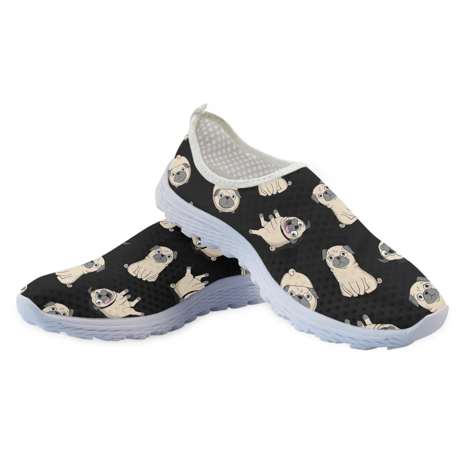 Black Fun Pug Print House Shoes Pet Dog Print Lightweight Soft Mesh Shoes Summer Outdoor Breathable Casual Shoes