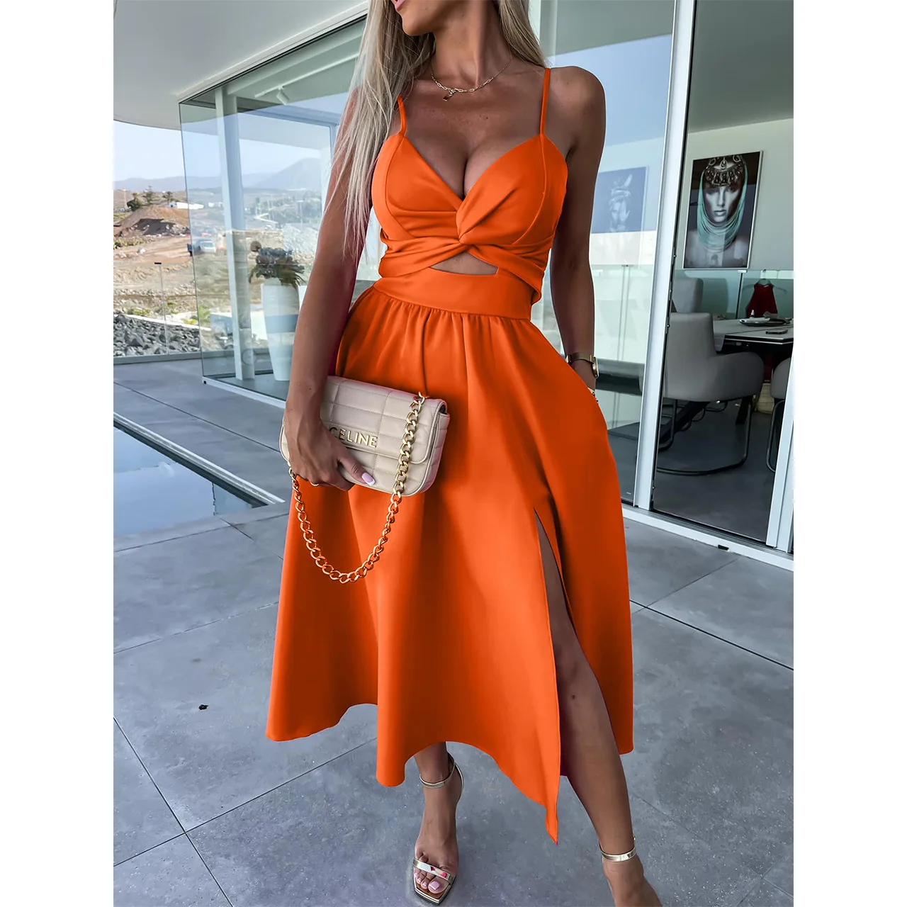 

Summer Sexy Backless Sleeveless V-Neck Waist Cutout Split Swing Spaghetti Strap Slim Midi Dress 2023 Khaki Orange Yellow Clothes