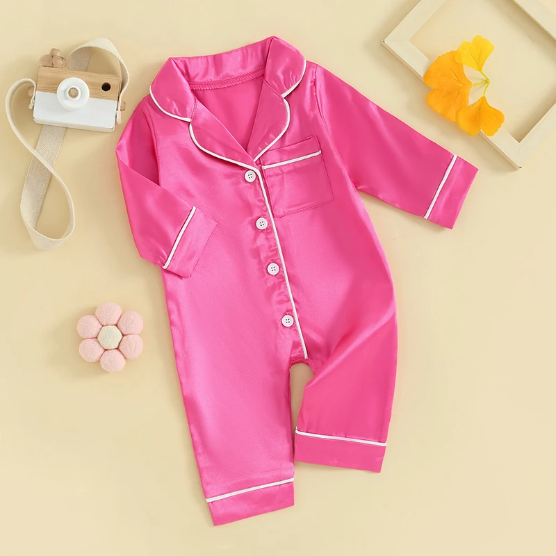 0-24M Baby Romper Pajamas Solid Color Button Down Long Sleeve Sleepwear for Girls Boys Newborn Toddler Loungewear