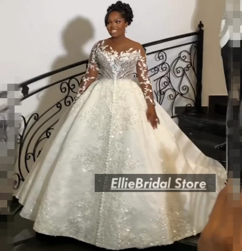 African Ball Gown Wedding Dresses For Brides Sheer Neck Lace Bridal Gowns Long Sleeve Beading Vestido De Noiva 2025 Customized