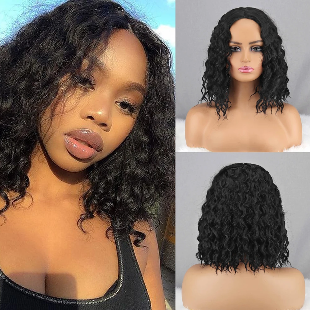 

Black Wine Red Blond Split Afro Wig Short Curly Wig Natural Synthetic Hair For Ladies Party Ladies Bob Wig