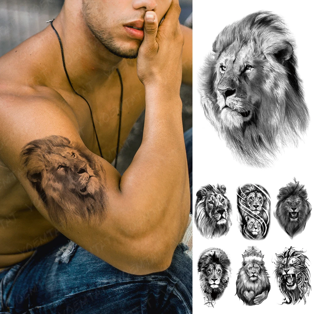 

Waterproof Temporary Tattoo Sticker Black tiger lion realistic sketch Tattoos beast animal Body Art Arm Fake Tatoo Men Women