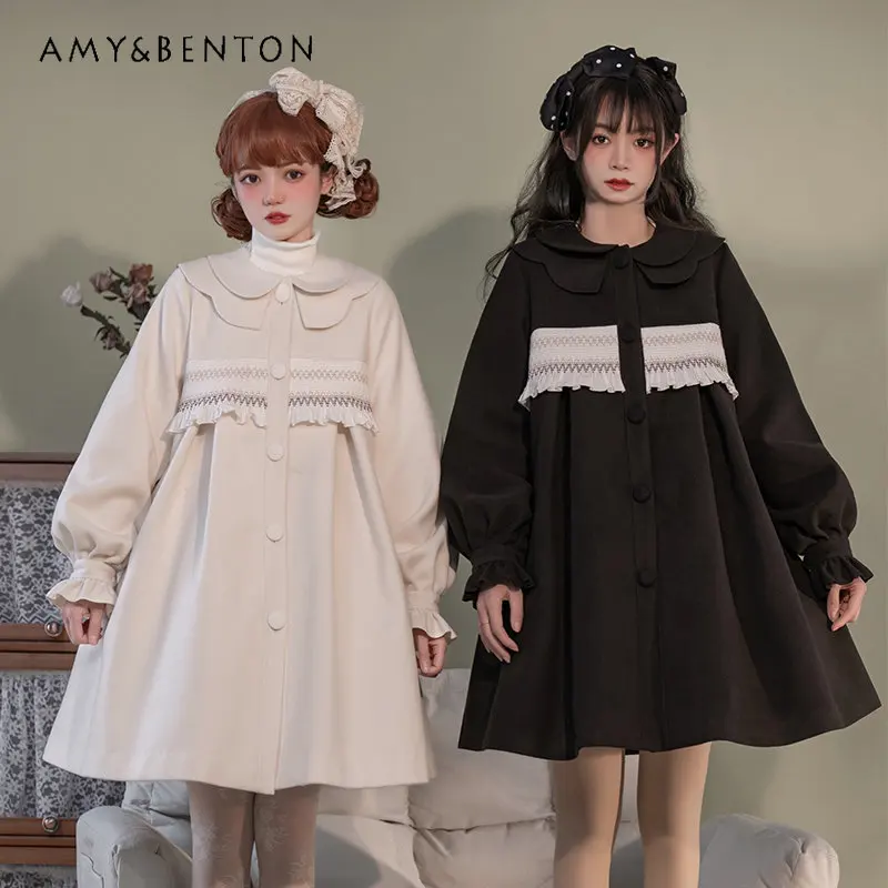 

Winter Long Jacket Thickened Warm Women's Woolen Coat Doll Collar Bow Fashion Loose Wool Coat for Ladies