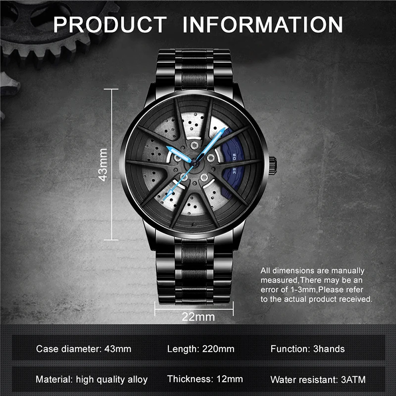 BORUSE 2024 Fashion Mens Car Wheel Watches Luxury Stainless Steel Waterproof Watch for Men Quartz Wristwatch reloj hombre