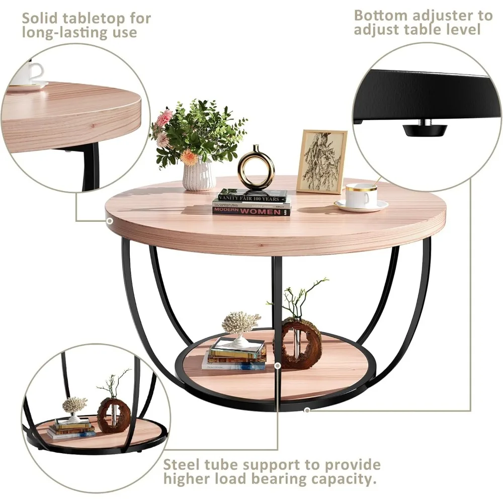 31.5" Round Coffee Table, 2-Tier Coffee Tables for Living Room, Small Wood Coffee Table with Storage, Modern Accent Center Table 5