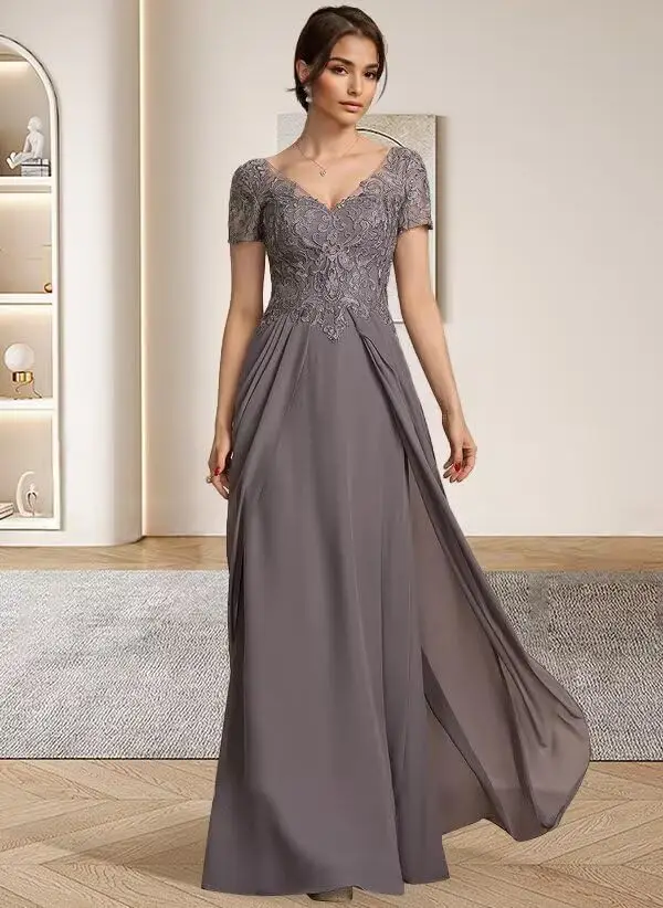 Abiti personalizzati a maniche corte per la madre della sposa, abiti con scollo a V per la madre dello sposo, abito da sera formale con volant in chiffon - immagine 2