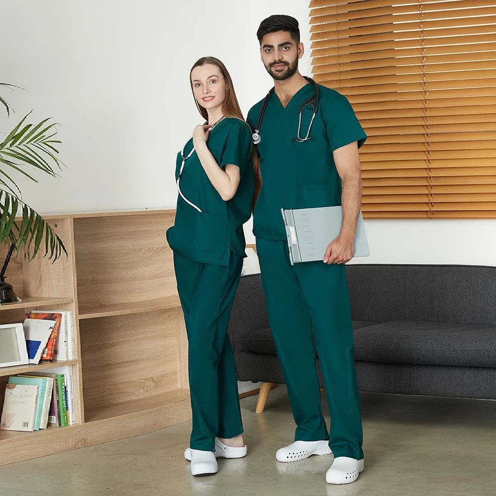 Men's Solid Color Medical Uniform Set Male Clinic Hospital Doctor Overalls V-neck Fashion Scrub Pharmacy Nurse Clothes