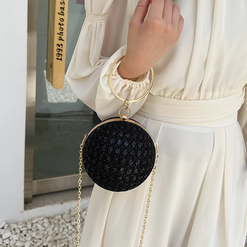 Sparkly Round Evening Tote Bags for Women Shiny Diamonds Handbag Unusual Chain Party Purse Fashion Luxury Shoulder Bag Ladies