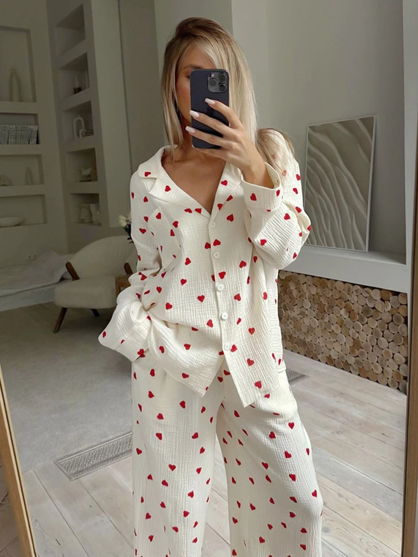 Marthaqiqi Loose Ladies Sleepwear Suit Sexy Turn-Down Collar Nightwear Long Sleeve Nightgowns Pants Printing Female Pajamas Set