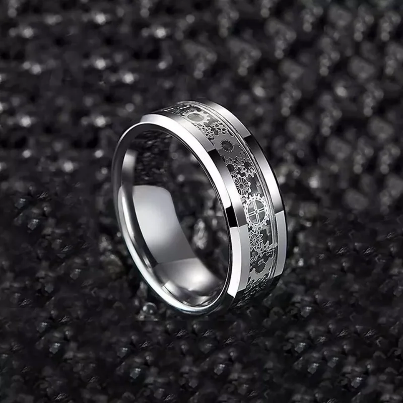 Stainless Steel Ring Men Steampunk Gear Wheel Inlay Carbon Fiber Rock Punk Wedding Band Jewelry