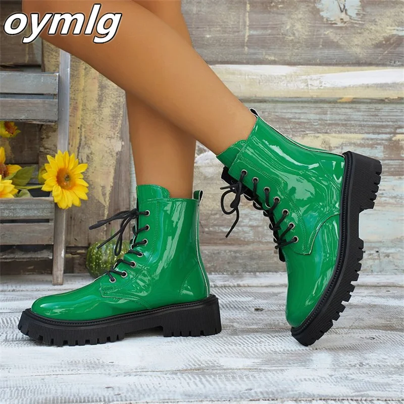 Large Women's Boots 2023 Autumn New Lacquer Leather Mid Heel Round Head Short Tube Motorcycle Handsome Slim Boot Trend