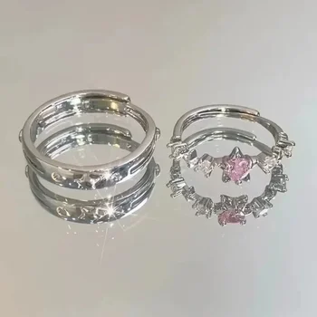Y2K Style Sparkling Pink Zircon Bride Rings for Women Couples Korean Trendy Heart Star Geometric Wedding Earring Party Jewelry 1