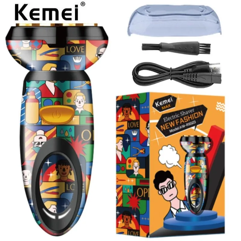 Kemei KM-RS503 Graffiti Mini Electric Shaver Double-Head Beard Razor Printing Usb Charging Men Washable Rechargeable Trimmer 2022 3d pen for kids pla filament 1 75mm set 3d printing pens kit safe low temperature anti scald usb charging birthday gift