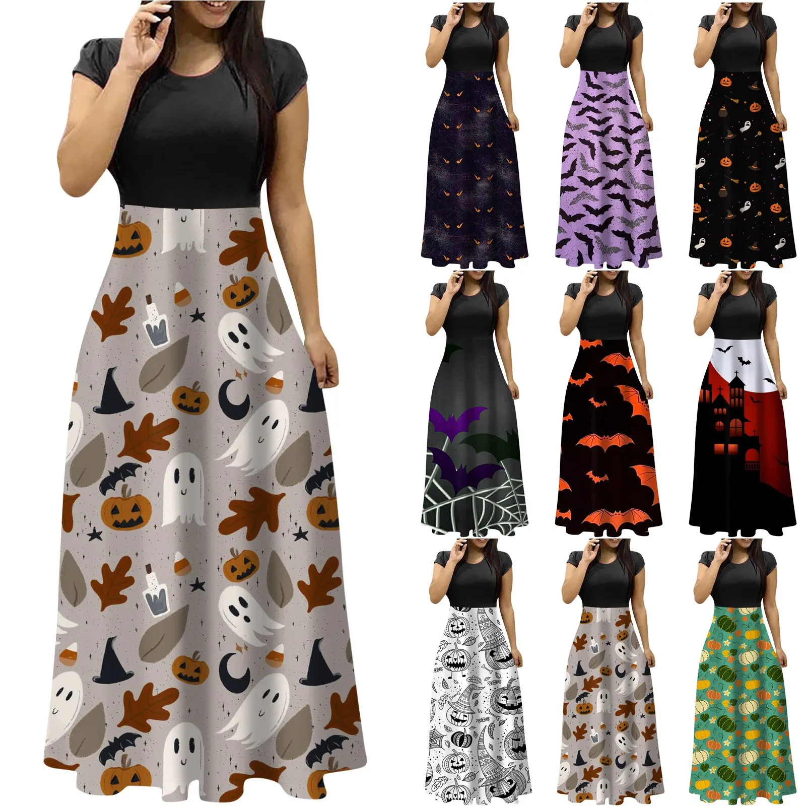 

Women‘S Knee-Length Dress Casual Halloween Print Round Neck Short Sleeve Top Skirts Floor-Length Dress Vestidos Para Mujer
