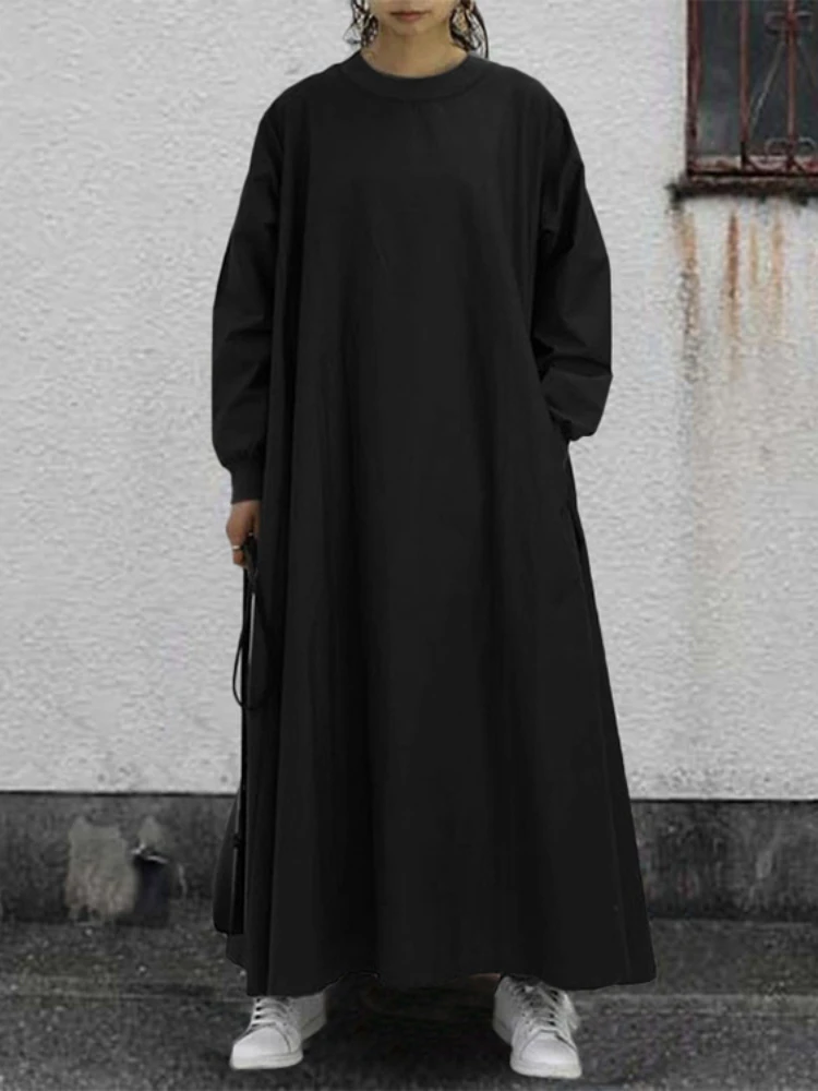 

New 2023 Spring Casual Women's Dress Pullover Long Sleeve Round Korean Fashion Neck Big Swing Long Dress LOOSE Vintage Robe