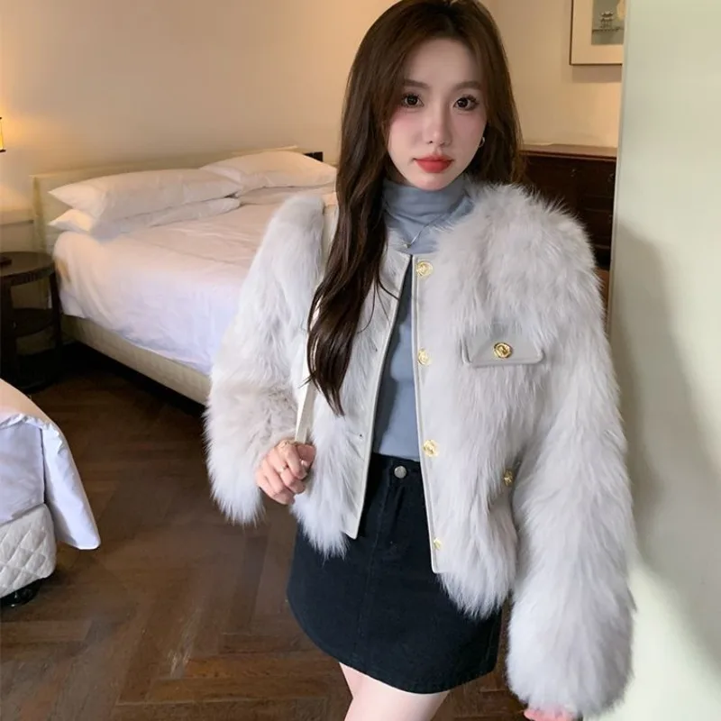 2023 New Women Faux Fox Fur Coat Female Short Temperamental Round Neck Solid Color Outwear Winter Thicken Thermal Casual Outcoat