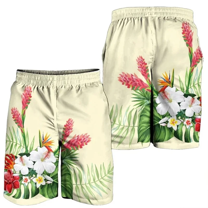 

New 3D Printed Hawaii Plumeria Polynesian Pink Men's Beach Shorts Women Short Pants Vacation Floral Board Shorts Swim Tunks