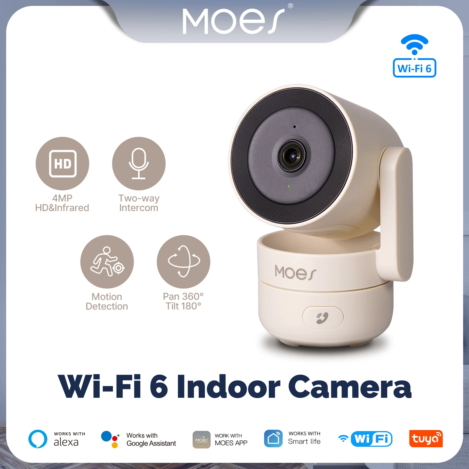 MOES Tuya Wi-Fi 6 Smart Indoor 4MP HD Security Pan/Tilt Camera Motion Tracking & Sound Detection Infrared Night Vision Monitor 1