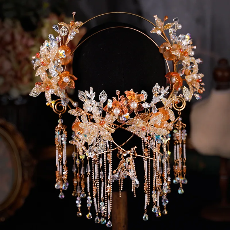 

Chinese Style Bride Classical Gold Glazed Flower tiara Split Versatile Beautiful Headwear Wedding Hair Accessories