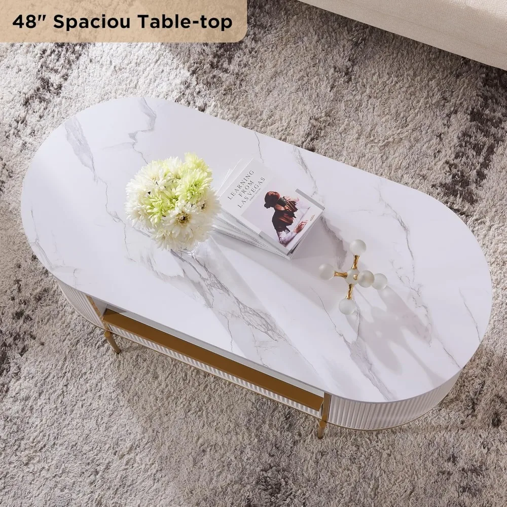 48" Oval Coffee Table with Drawer, Faux Marble Top, Curved Profile Design, Center Table for Living Room, Café Tables 3