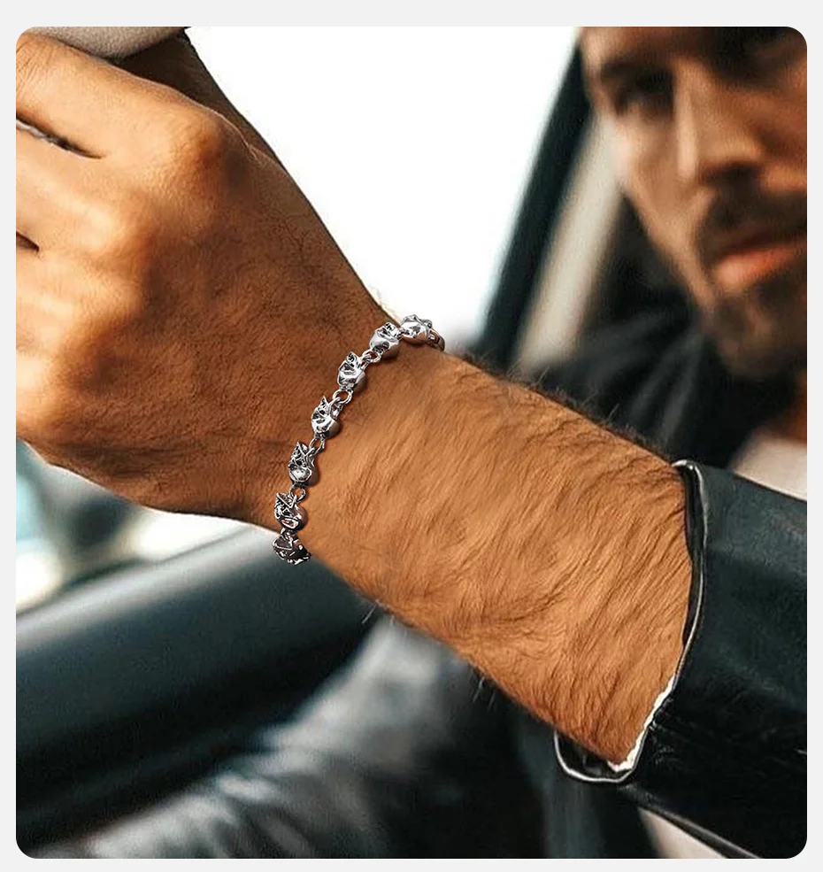 Vnox Gothic Vollschädel-Gliederkettenarmbänder für Männer und Jungen, cooles Geisterkopf-Skelett-Punk-Motorrad-Armband, Halloween-Schmuck – Detail 2