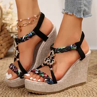 Metal Decoration Wedge Heel Sandals for Women 2025 Summer Chunky Platform Sandals Woman Thick Bottom Printed Bohemian Sandalias