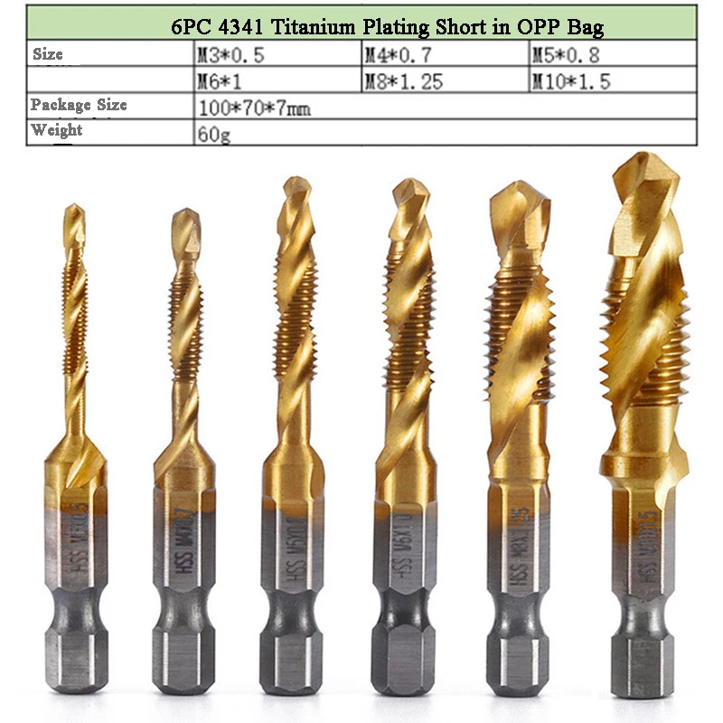 L-FIRST 6pcs Tap Drill Bit Hex Shank Titanium Plated HSS Screw Thread Bit Screw Machine Compound Tap M3 M4 M5 M6 M8 M10 Tools best hand planer Hand Tools