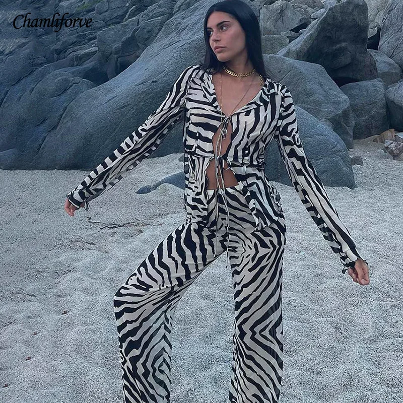 Chamliforve Women Print Y2K Long Sleeve Top Shirts Bandage and Pants Sexy Two Piece Set Casual Outfits Party Tracksuit Clubwear