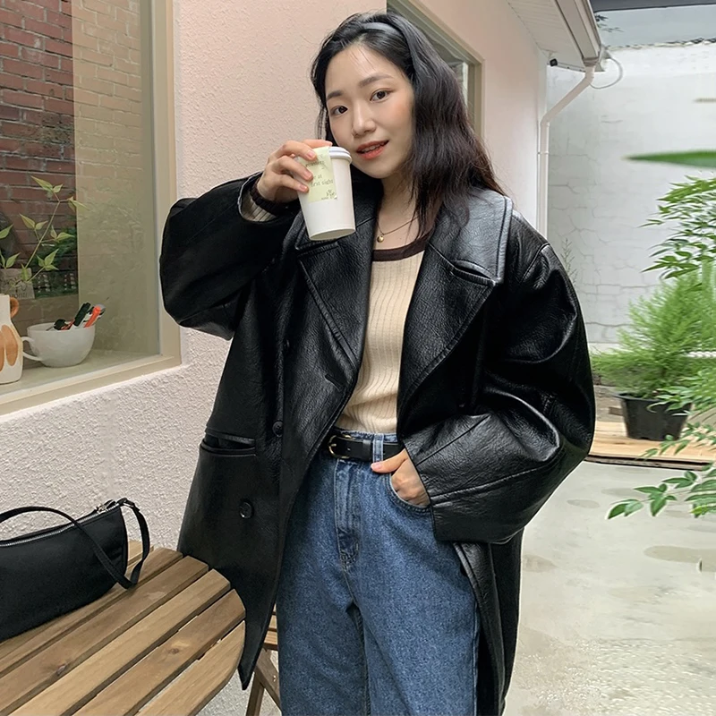 Streetwear Women's Leather Jacket Vintage Double Breasted Notched Collar Casual Black Faux Leather Motorcycle Jackets vestes