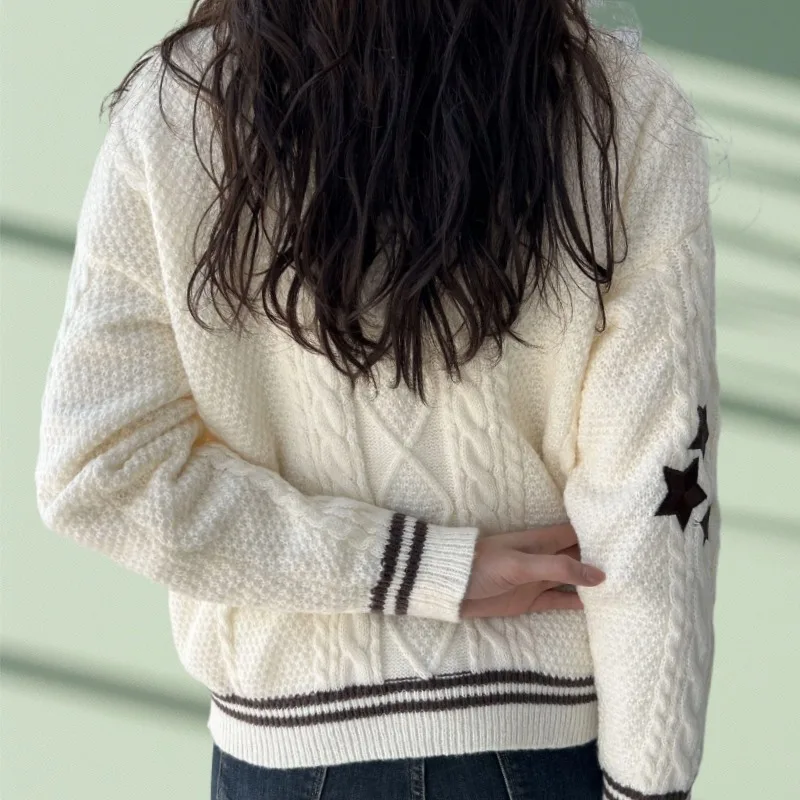 Cute Warm Y2k Knitted ttpd Cardigan Women Oversized Star Embroidery Cardigans Long Sleeve Beige Women Holiday Cardigan 3