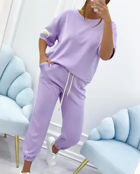 Solid Color Matching Tracksuit Summer Fashion Women Round Neck Short Sleeve Top Drawstring Waist Jogger Pants Loungewear Outfit