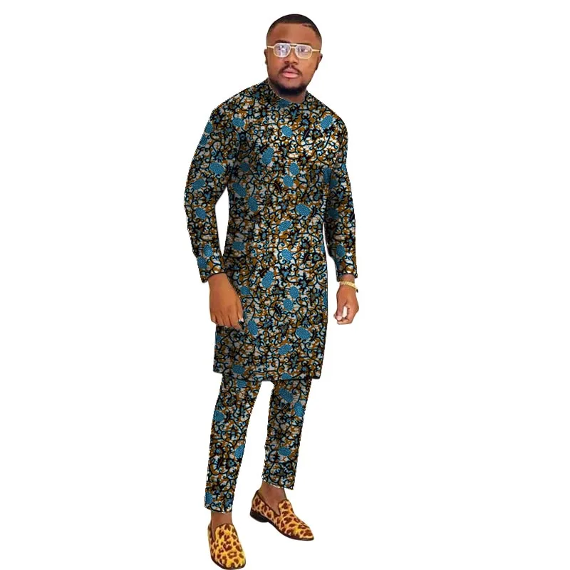 Full Sleeve Tops With Bottoms Men's Groom Suit Male Nigerian Fashion Shirt+Pant Sets African Wedding Party Outfits luxury male suit 2023 new in elegant male brand jacquard suit jacket pants 2 pieces set formal party business wedding male suits