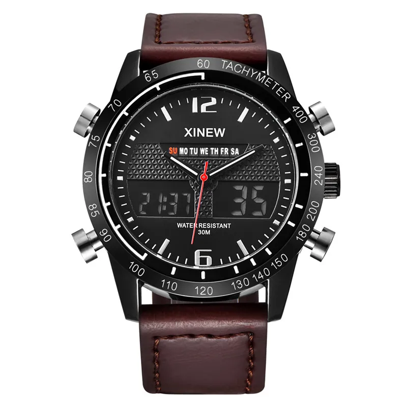 Original XINEW Brand Dual Time Watches For Men Fashion Leather Band Multi-function Sports Chronograph Watch Relogio Masculino skmei 2033 sports watches countdown double time watch