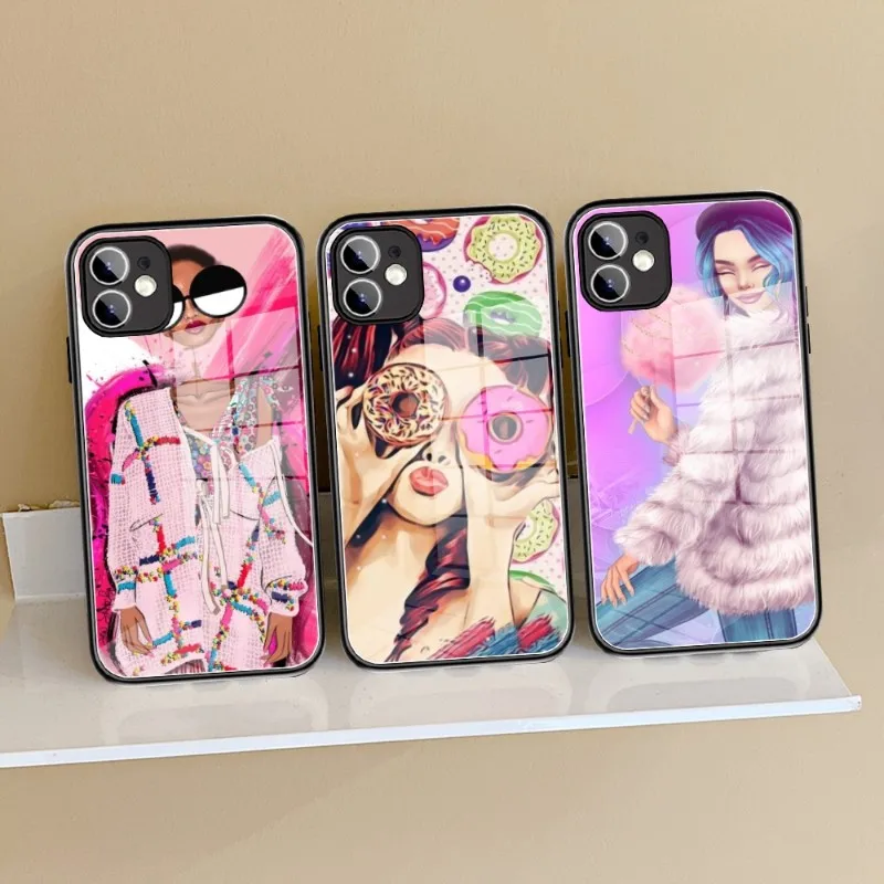 Fashion Style Girl Woman Phone Case Glass Per Iphone 13 11 12 14 Pro Xr Xs Max 8X7 14 Plus Se 13 Pro Design Iphone Cover