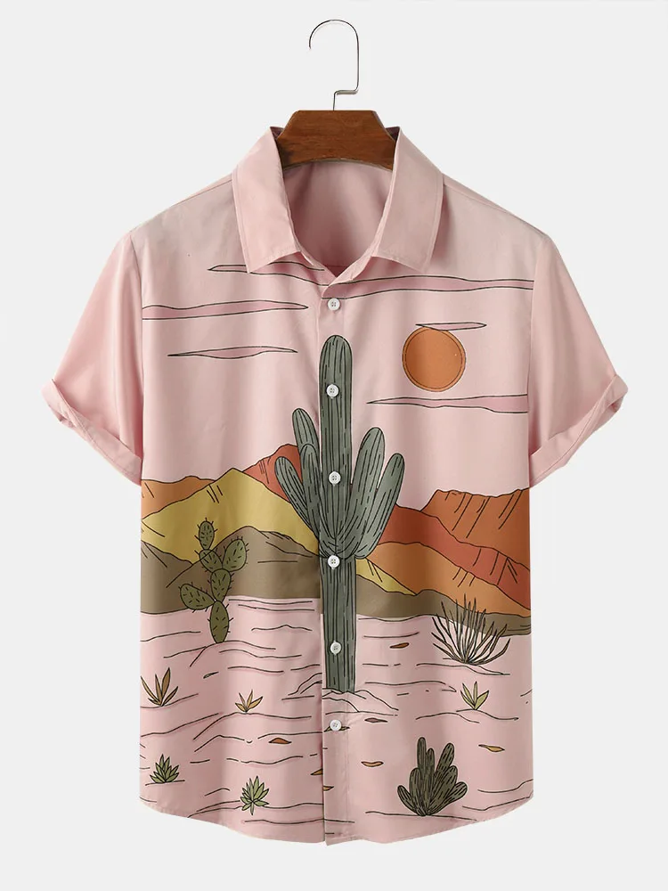 CharmkpR Men\'s Hot Sale Tops Cactus Desert Landscape Printing Blouse Casual Streetwear Button Up Short Sleeve Shirts S-2XL 2023