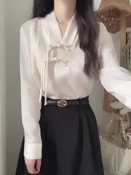 Chemisier blanc à manches longues et col en V pour femmes, chemise de style chinois, mode populaire, nouveau, 2024