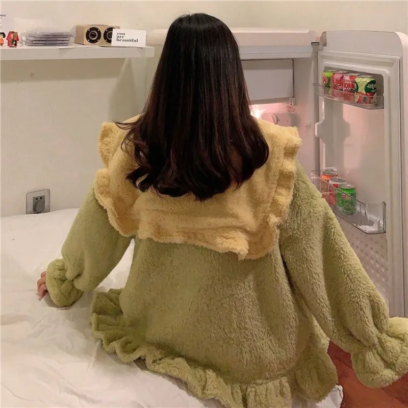 2023 Korean Edition Autumn and Winter Loungewear Thickened Cute Pajama Set for Girls Doll Neck Large Pocket Loose Plush Homewear