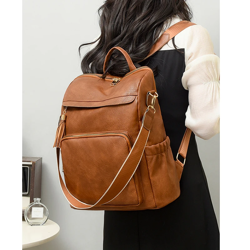 Fashion Women's Backpack Fashion Tassel Design High Quality Split Hardware Pull Head Large Capacity Retro Leisure Anti-theft Bag