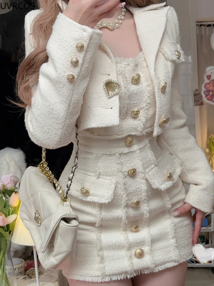 Korean Style Elegant Vintage Two Piece Set Women Sweet Woolen Short Jackets Tassel Design Mini Dress Suit Female Fashion Outfitn 3