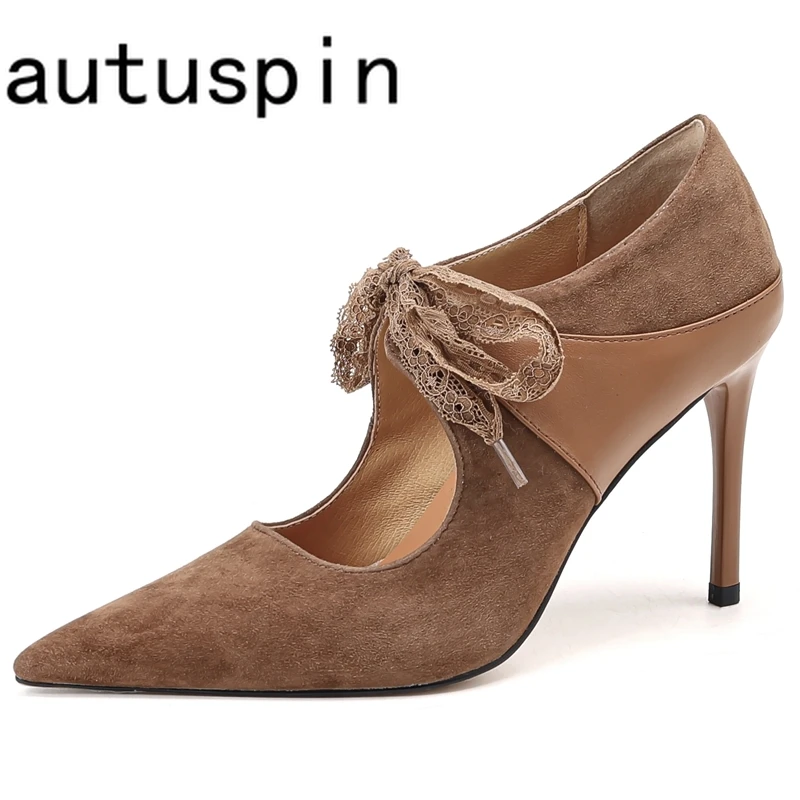 

AUTUSPIN 9CM Thin High Heels Fashion Lace-Up Women Pumps Spring Suede Leather Pointed Toe Mature Dress Office Lady Shoes Woman